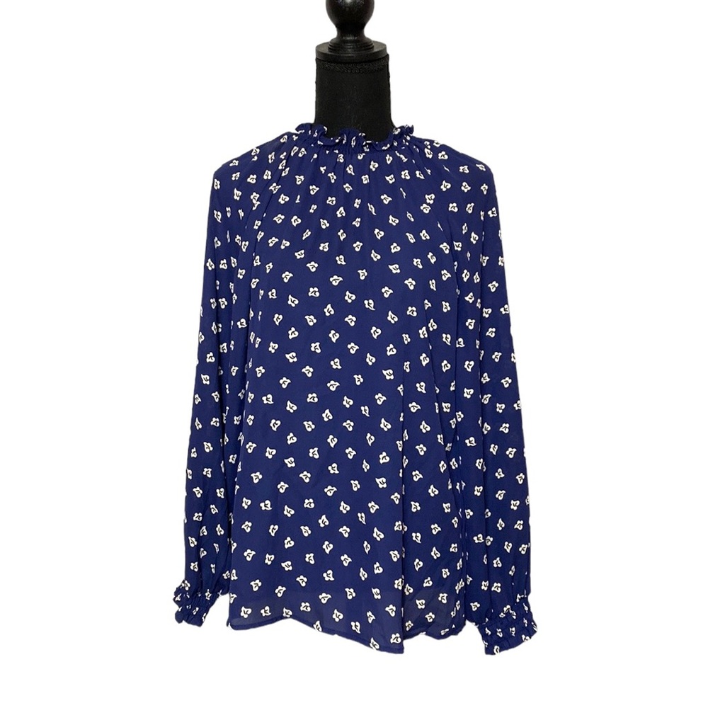 Blue Ruffle Long Sleeve Floral Pattern Blouse S